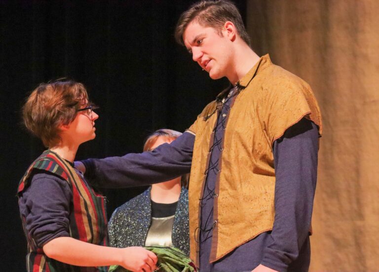 Central High School students Kaden Aumer, left, and CJ La Croix rehearse for this year's production of Macbeth. Aumer plays the role of Macbeth and La Croix is Macduff. Photo courtesy of Aberdeen Public School Disrict.