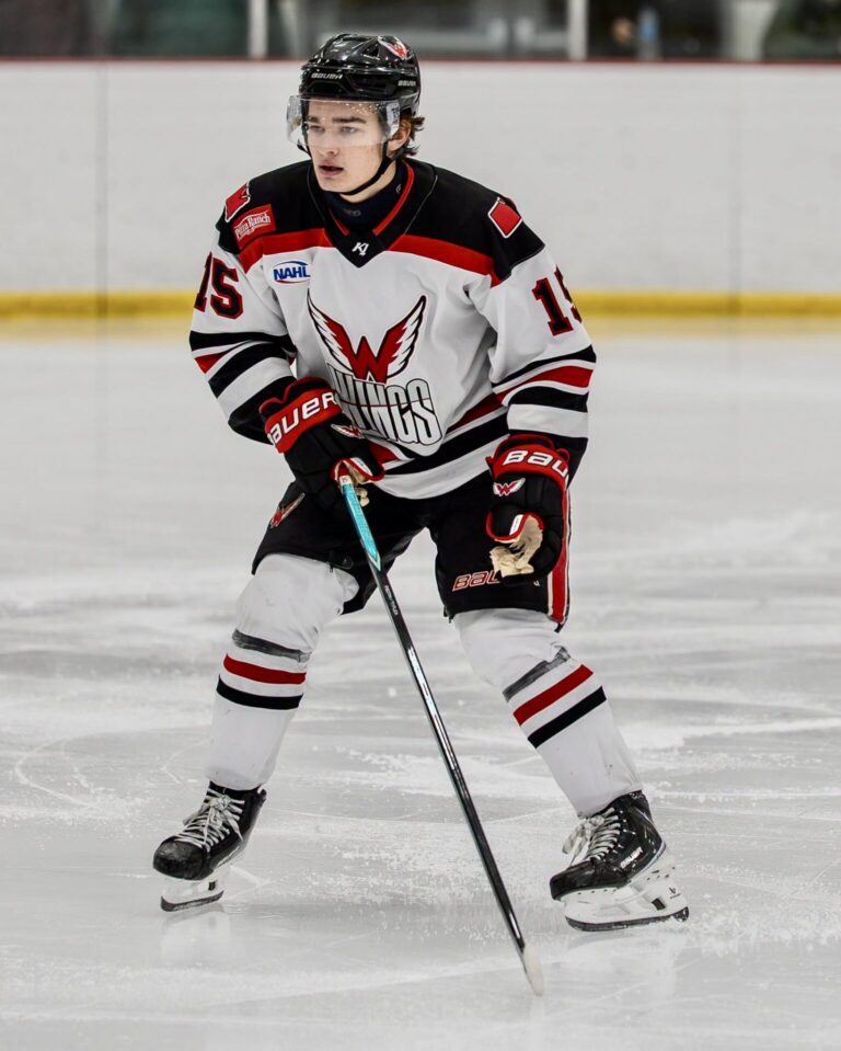 Aberdeen forward Keaton Weis skates during one of the Wings games at the North American Hockey League Showcase last weekend in Blaine, Minn. Aberdeen won all three of its games to improve to 4-1. Photo courtesy of the North American Hockey League.