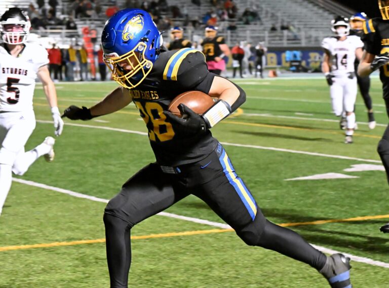 Aberdeen Central wide receiver Paden Appl tries to stay inbounds during a run in the third quarter of Central's 40-0 loss to Sturgis Friday, Oct. 2 at Brownell Activities Complex. Appl was ruled out of bounds a the 11-yard line. Aberdeen Insider photo by Robb Garofalo.