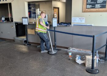 Only modest touchup work is needed in the lobby at Aberdeen Regional Airport after a luggage scanner was removed. Aberdeen Insider photo by Scott Waltman.