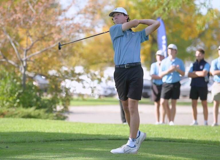 Sioux Falls O'Gorman's Drew Simon tracks his tee shot on the first playoff hole during the Class AA boys golf high school state tournament Tuesday, Oct. 6 at Lee Park Golf Course. He parred the extra hole to claim medalist honors. Photo courtesy of South Dakota Public Broadcasting.