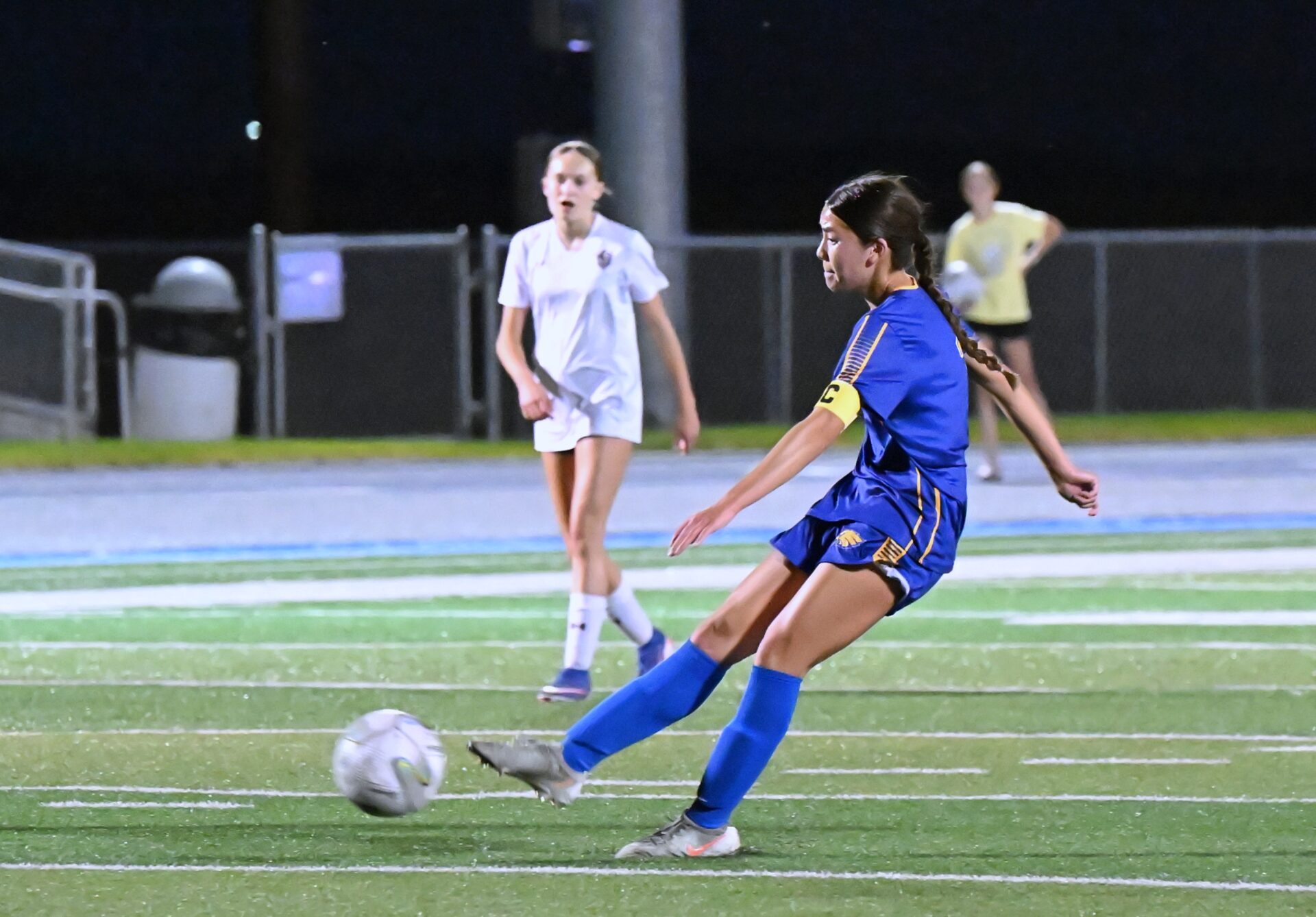 Aberdeen Central's Keyana Stillman leans into a shot on goal during the second half of Central's Class AA girls soccer playoff game against Tea Area Tuesday, Oct. 6 at the Brownell Activities Complex. Stillman scored on the shot as the Eagles advanced with a 3-0 victory. Aberdeen Insider photo by Robb Garofalo.
