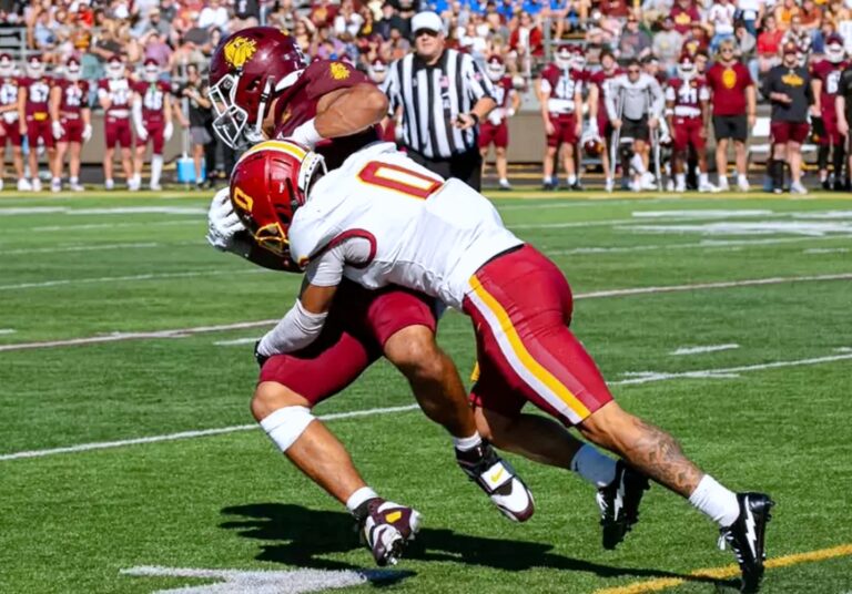 Northern State's Keegan Mountain takes down a Minnesota Duluth wide receiver during their game Saturday, Oct. 10 at Malosky Stadium in Duluth, Minn. The Bulldogs eased to victory. Courtesy photo.